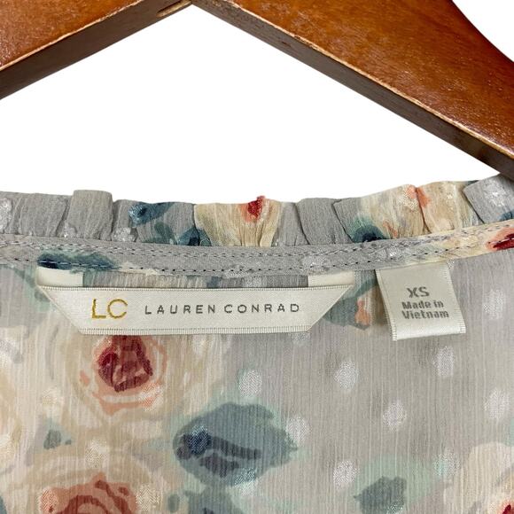 LC Lauren Conrad Blouse Grey Floral Top Neck Tie Swiss Dot Women's XS - Picture 3 of 6